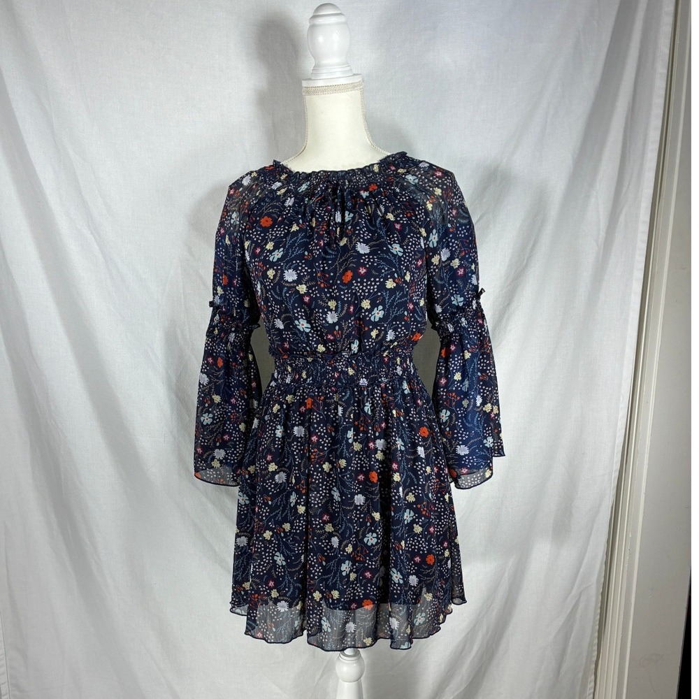 Smukke Women Navy Floral Chiffon Smocked Waist Bell Sleeve Mini Dress Size 16